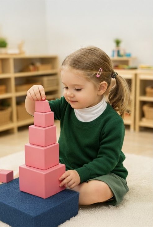 Child working with Montessori pink tower